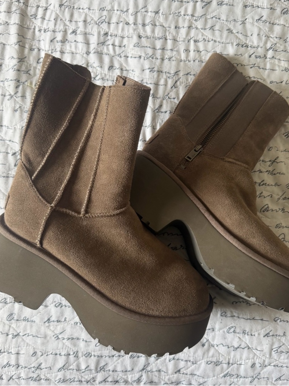 UGG Taupe Suede Platform Mid-Calf Boots